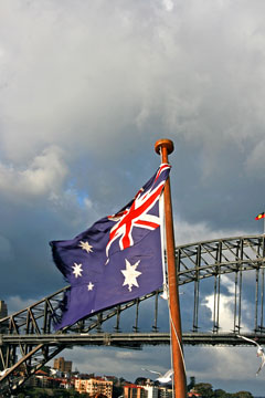 Australian flag and Harbour Bridge - Sydney, Australia